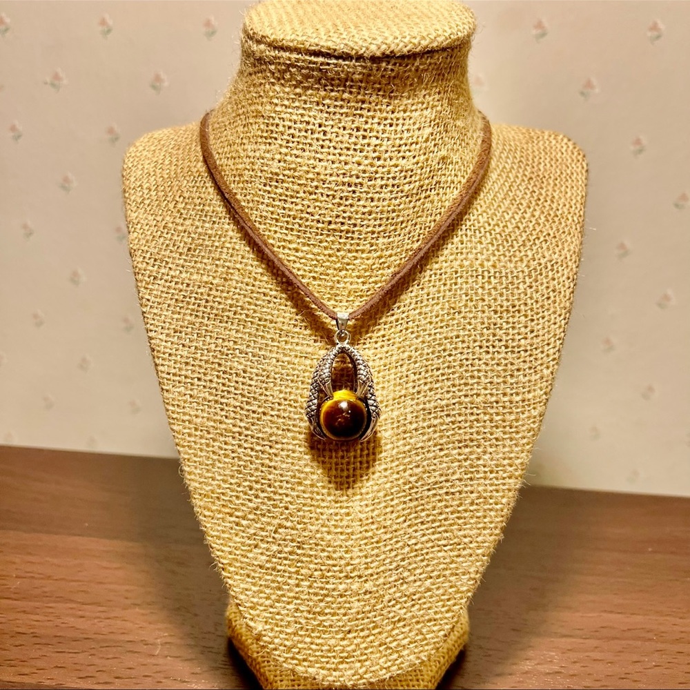 Large Tiger eye silver Dragon Claw Suede necklace